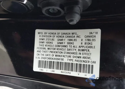 2018 Honda Civic Lx z USA, uszkodzony, nr VIN 2HGFC4B54JH304190
